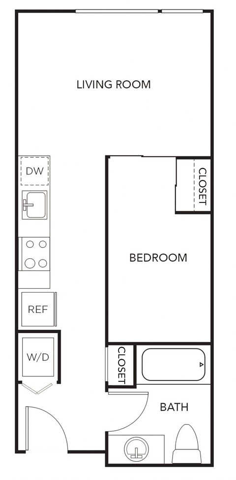 Floor plan for 1 bed, 1 bath, 464 sqft